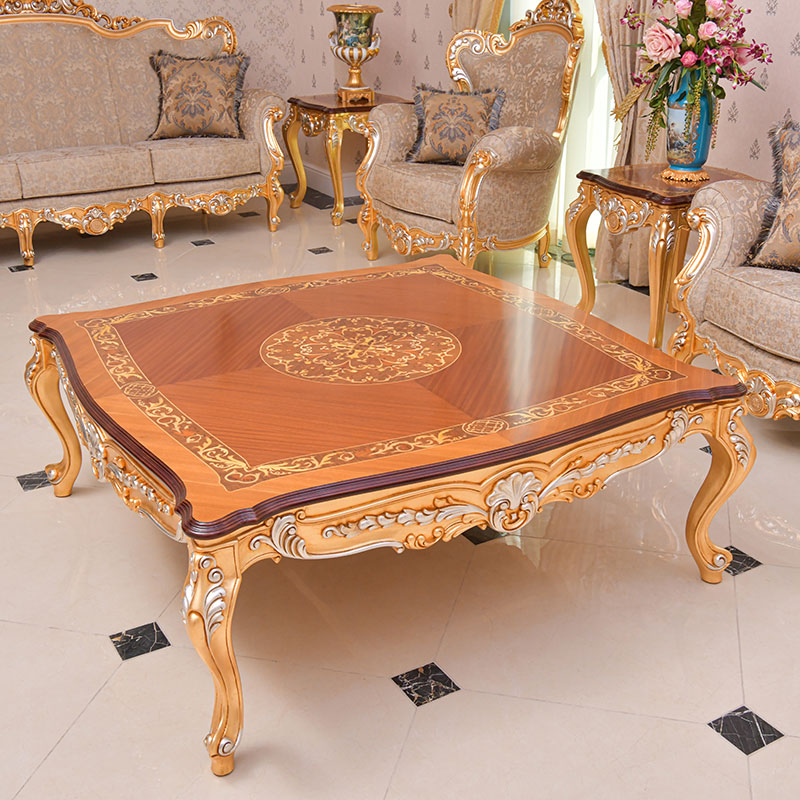 classic design square coffee table in gold finishing color with top decorated with wooden Inlay