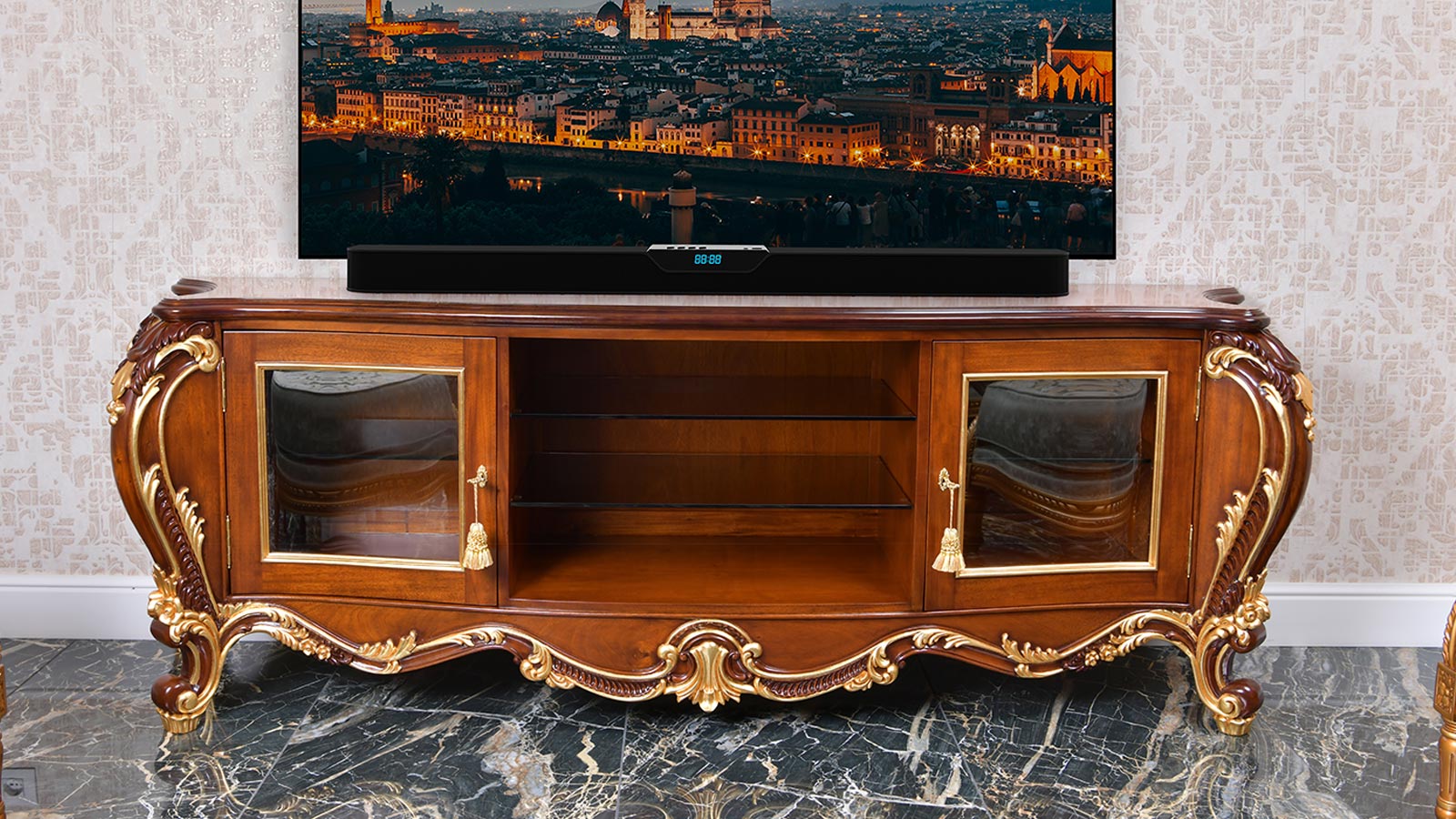 Luxury classic design wooden Tv stand made in Italy- Traditional vintage design tv stand